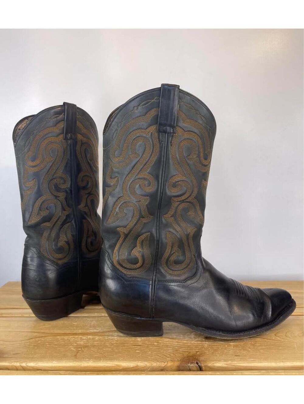 Vintage Panhandle Slim Black Leather Cowboy Boots Stitch Detail Men's Size 11.5D